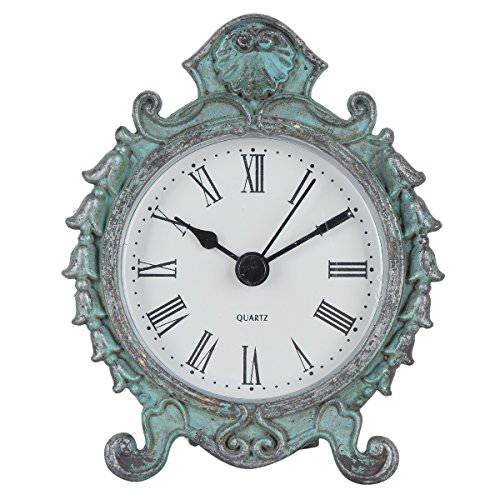 NIKKY 홈 Baroque Style Pewter Quartz Small 라운드 테이블 시계 with 3.12’’ by 1.35’’ by 3.87’’, 다크 그린