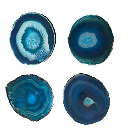 JIC Gem Dyed Teal 3-3.5 Agate Coaster Sliced Small 내츄럴 Agate Coaster for 워터 Cup 매트 with 러버 범퍼 세트 of 4 홈 장식,데코