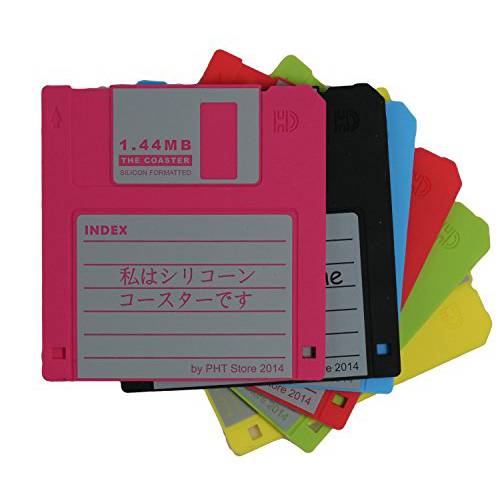 PHT  실리콘 레트로 3.5 인치 Floppy 디스크 All-weather 음료 코스터, 4.7 x 3.6, 세트 of 6 영어, Chinese, Japanese, 독일, 스페인의, and 프렌치