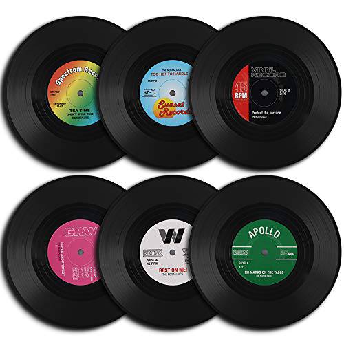 homEdge Vinyl LP레코드 Coasters, 6 Pieces of Retro Style Vinyl Coasters