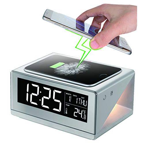 Boytone BT-12W 고속 무선 폰 충전 with 디지털 알람 Clock,  온도&  달력 Display, 침실용 라이트 Touch Dimmer, Snooze, 5 풀 Screen, for Bedroom, Office, Hotel, Desk, 110/ 220 Volts