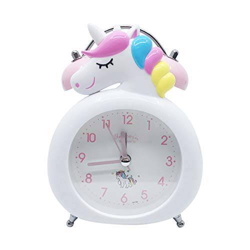 CoolGadget Unicorn 알람 시계 for Girls, 빈티지 큰소리 트윈 Bell 카툰 알람 with 버튼 나이트 Light, 배터리 Operated Non-Ticking 무소음 알람 시계 for Bedside (White)
