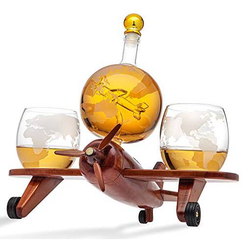 Godinger 위스키 디캔터,와인에어레이터 비행기 지구본 세트 with 2 World Whisky 안경, 보안경, 차단 안경 - 용 리커 스카치 버번 Vodka
