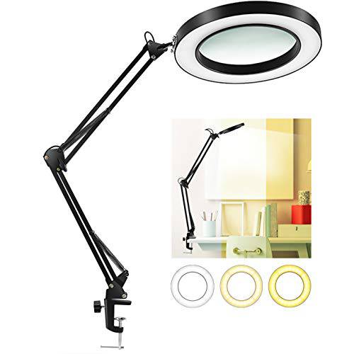 LANCOSC LED 확대 램프 with Clamp, 1, 500 Lumens Stepless Dimmable, 3 컬러 Modes, 5-Diopter 4.3″ 리얼 Glass Lens, 조절가능 스위블 Arm 라이트 확대경, 돋보기 라이트 for 독서 공예 Close Work-2.25X