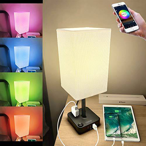 COZOO 스마트 RGB&  USB Bedside 테이블 램프 with 3 USB 충전 Ports and 2 Outlets 파워 Strip, LED 전구 Dimmable, Music 동기화 RGB 컬러 체인징 라이트 for Party Home/ Bedroom/ Nightstand/ 생활 Room