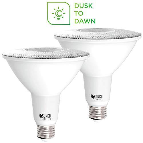 Sunco 라이트ing 2 Pack PAR38 LED 전구 with Dusk-to-Dawn Photocell Sensor, 15W=120W, 5000K Daylight, 1250 LM, 오토 On/ Off, 세큐리티 홍수 라이트 Indoor/ 아웃도어 - UL