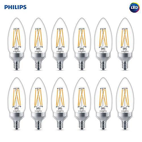 Philips LED 클래식 Glass 디머블, 밝기 조절 가능 B11 전구: 300-Lumen, 2700-Kelvin, 3.3-Watt (40-Watt Equivalent), T20 Certified, E12 Base, Warm Glow, 12-Pack (540773)