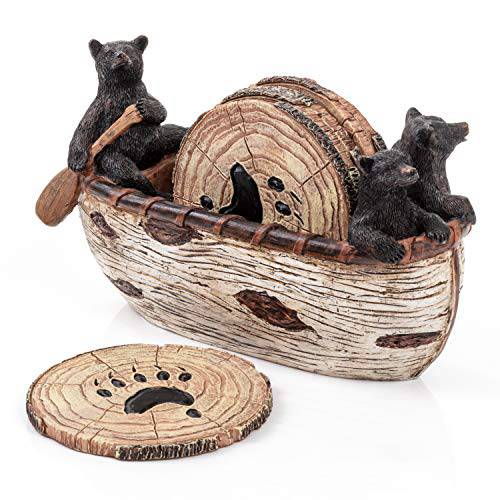 Bear Coasters  세트  6 풀 사이즈 Rustic Coasters in 핸드메이드 Canoe with Adorable 블랙 Bear Figurines | Log Cabin 장식,데코, 블랙 Bear 장식,데코, Cabin 데코,장식 Rustic Lodge 장식,데코 for The 홈