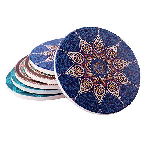 흡수 세라믹 Coasters for 음료수 - 6 Pack Mandala 패턴 with 코르크 Back, 음료 기름 coasters, 커피 머그잔 Place 매트