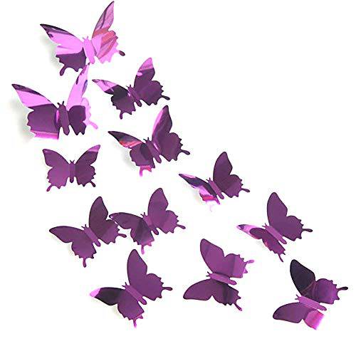 AKOAK 24 Pcs 3D 미러 이펙트 버터플라이 벽면 스티커 아트 장식,데코 데칼,도안 가정용 데코레이션,데코,장식 or Party 데코레이션,데코,장식 (Purple)
