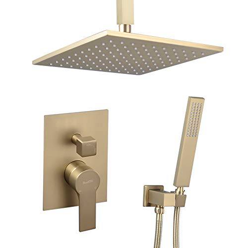 Brass 천장 마운트 샤워 System, SHAMANDA 화장실 샤워 샤워 Faucet Combo 세트 with 10-Inch Fixed 샤워 샤워헤드 and 핸드 Shower, Brushed Gold (Including Rough-In 밸브 바디 and Trim), LCM702-3
