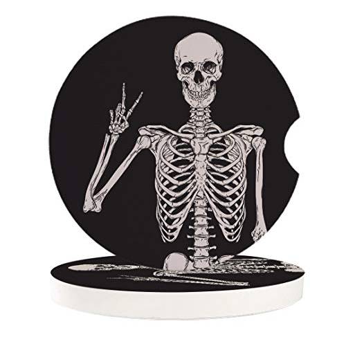 YOUNGKIDS Cup 홀더 차량용 Coasters for Women/ 남성용 - 2 Pack 흡수 세라믹 Stone 워터 Coaster Set, Funny 해골 Skeleton 할로윈 Victory