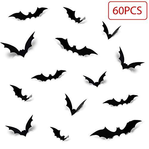 60PCS 할로윈 PVC 3D Bat Party 도구 장식용 벽면 데칼,스티커 벽면 스티커 방수, 워터푸르프 Spooky Bats 공예 윈도우 장식,데코 for 실내 아웃도어 Yard (블랙)