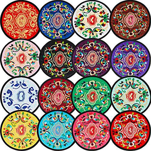 16 Pieces 둥근 Embroidered Cloth Coasters 빈티지 Ethnic Floral Coasters Teacup 매트 흡수 Coaster for 워터 홈 바 커피 맥주 머그잔 와인 글래스 병