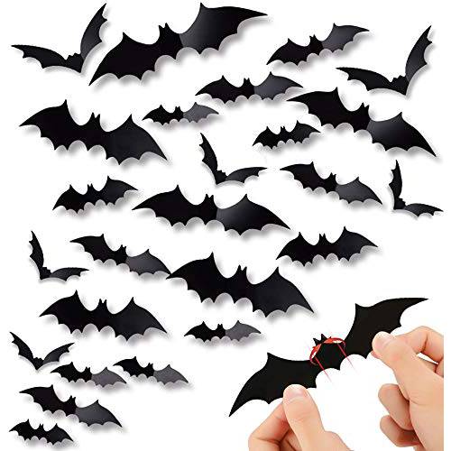 60PCS 할로윈 3D Bats 데코레이션,데코,장식, DIY Scary 벽면 Bats 벽면 데칼,스티커 벽면 스티커 4 여러 사이즈 Realistic PVC Scary Bat 스티커 for 할로윈 Party 데코레이션,데코,장식 도구