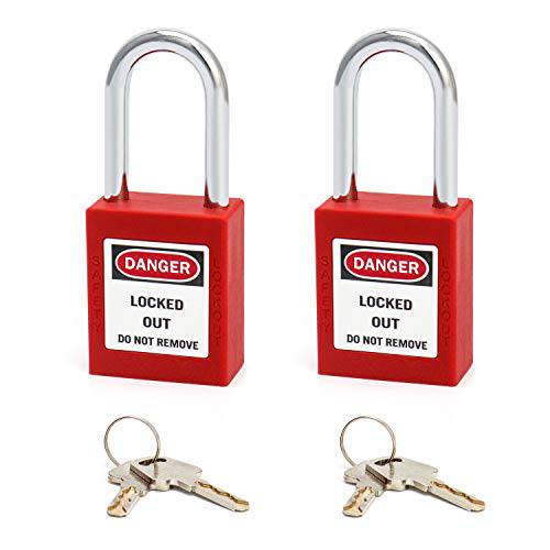 QWORK  레드 Lockout Tagout 세이프티,안전 맹꽁이자물쇠,통자물쇠,자물쇠, 2 자물쇠 with 4 키