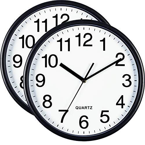 Bernhard Products  블랙 벽면 시계 라지 13 인치, 무소음 Non 재깍 2 팩, 퀄리티 Quartz 배터리 작동 라운드 잘보임, 큰글씨 홈/ 사무실,오피스/ 비지니스/ 교실/ 학교 시계 (2, 13 인치)