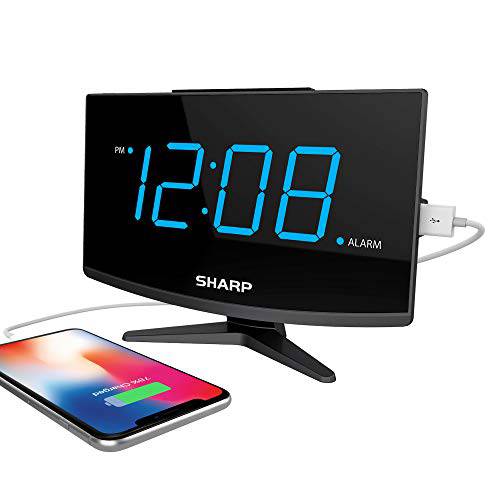Sharp  디지털 알람 시계 - 라지 디스플레이 하이/ 로우 밝기  충전 폰 고속 충전 2 앰프 파워 포트 USB - 모던 디자인 - 점보 블루 LED 숫자 디스플레이  블랙