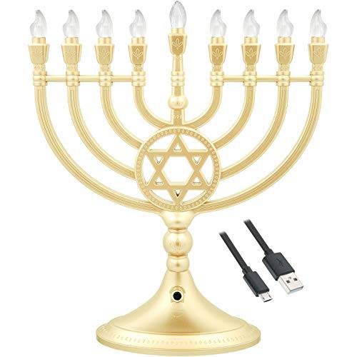 전통 LED 전기,전동 골드 Hanukkah Menorah  크리스탈 - 배터리 or USB 전원 - 포함 a 마이크로 USB 4’ 충전 케이블