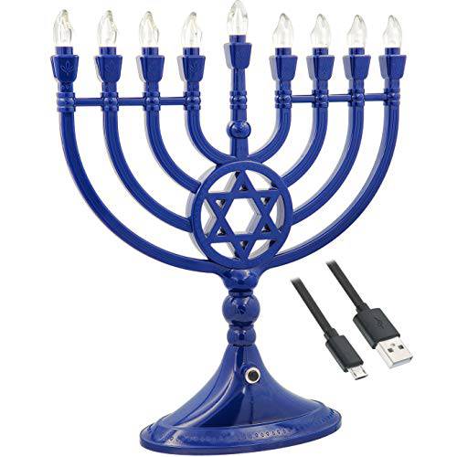 전통 LED 전기,전동 블루 Hanukkah Menorah - 배터리 or USB 전원 - 포함 a 마이크로 USB 4’ 충전 케이블