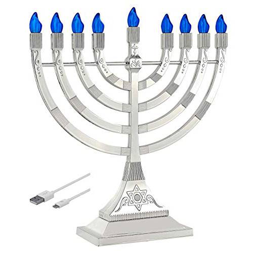 Zion Judaica LED 전기,전동 Hanukkah Menorah - 배터리 or USB 전원 ( 실버) - 배터리 and 케이블 Not 포함