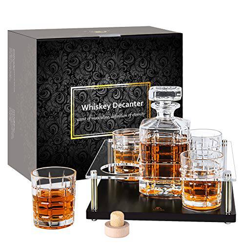 Whiskey-Decanter-Set-with-glasses-whisky 글래스 세트 디캔터, 와인 에어레이터 4 글라스 세트  나무받침 남성용, 버번, Vodka Perfect 선물 900 Milliliter