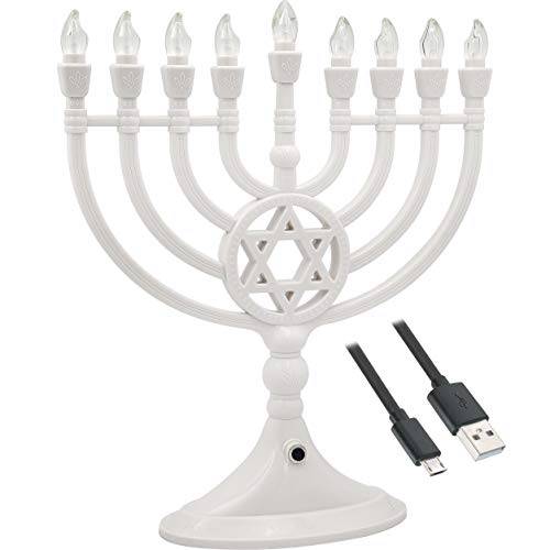 전통 LED 전기,전동 화이트 Hanukkah Menorah - 배터리 or USB 전원 - 포함 a 마이크로 USB 4’ 충전 케이블