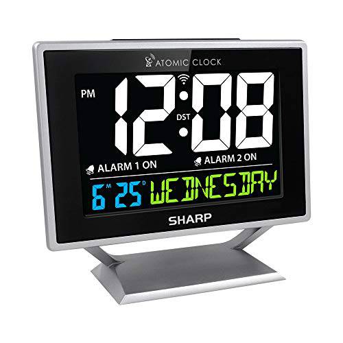Sharp Atomic 데스크탑 시계 컬러 디스플레이 - Atomic 정확성 - 잘보임, 큰글씨 스크린  달력& Day of Week 시간/ 날짜 디스플레이 - 오토 세트 디지털 듀얼 알람 시계 - Perfect 나이트스탠드,취침등 or 데스크