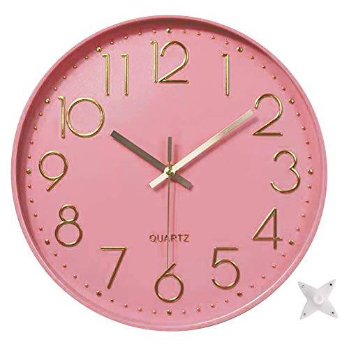 Ytaons 12 in 벽시계 Non-Ticking 쿼츠 무소음 배터리 작동 라운드 시계 홈 주방 오피스 학교 거실 장식 시계 (Pink-Rose)