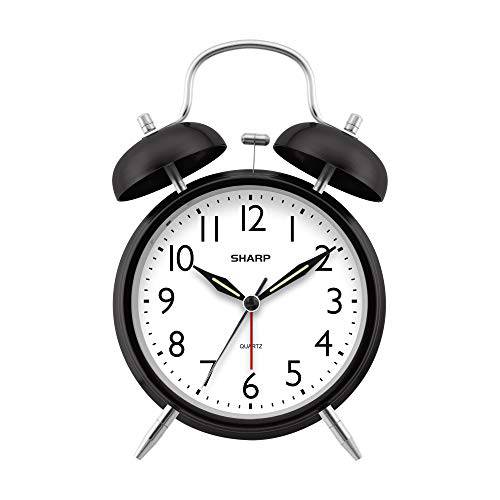 샤프 트윈 벨 알람 시계 - 고음량 알람 - Great  숙면 - 배터리 작동 쿼츠 아날로그 … ( 미드나잇 블랙)