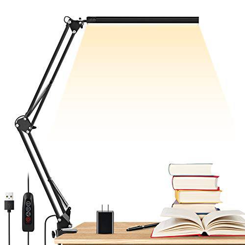 LED 데스크 램프, ENOCH 14W Eye-Caring 메탈 스윙 암 데스크 램프 클램프, 3 모드, 30 밝기 밝기조절가능 클램프 데스크 라이트 메모리 기능/ USB 어댑터, 건축가 테이블 데스크 램프 가정용 오피스