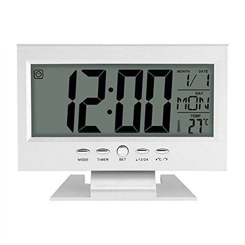Zerodis 라지 LCD 디스플레이 디지털 사운드 센서 테이블 데스크 알람 시계 스마트 야간조명 and 스누즈버튼,알람다시울리기 타임/ 날짜/ 온도 Display(Silver)
