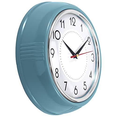 Lumuasky 레트로 벽시계 9.5 인치 주방 빈티지 디자인 라운드 무소음 Non 재깍 배터리 작동 퀄리티 쿼츠 Clock(Blue)