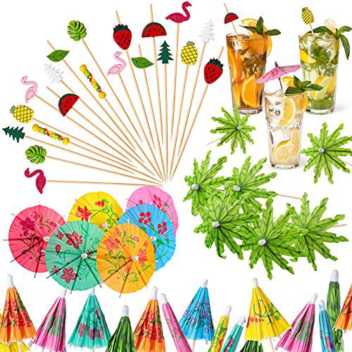 100 피스 칵테일 Picks 4.7 인치 과일 스틱,막대 대나무 Toothpicks，10 그린 열대 코코넛 팜 트리 용지,종이 테라스우산 and 50 Colorful 음료 테라스우산, 루아우 하와이 비치 파티 도구