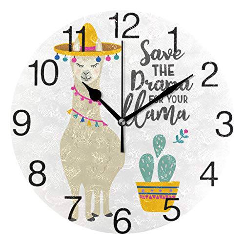senya 귀여운 Llama 알파카 Cactus 디자인 라운드 벽시계, 무소음 Non 재깍 유화 장식용 가정용 오피스 학교 시계 아트