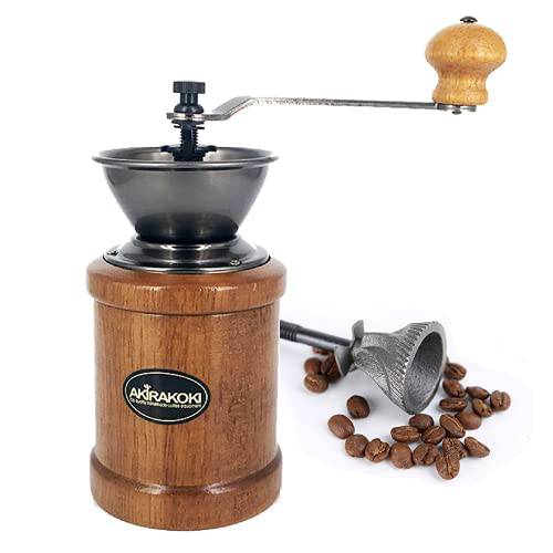 AKIRAKOKI 수동 커피 그라인더 나무 커피 빈 밀,분쇄기  무쇠, 주철 Burr,  대용량 우드 핸드 크랭크, 휴대용 조절가능