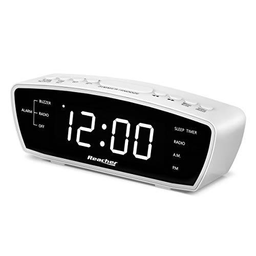 Reacher 심플 알람 시계 라디오 USB 충전기 포트, FM 라디오, 주차, 6 Snoozes 9-Minute intervals, 조절가능 알람 볼륨  숙면, 침실 (화이트)