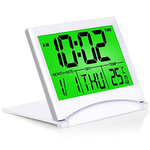 Betus 디지털 여행용 알람 시계  백라이트 - 폴더블 달력&  온도&  타이머 LCD 시계 스누즈버튼,알람다시울리기 모드 - 라지 넘버 디스플레이, 배터리 작동 - 컴팩트 데스크 시계 모든 Ages (실버)