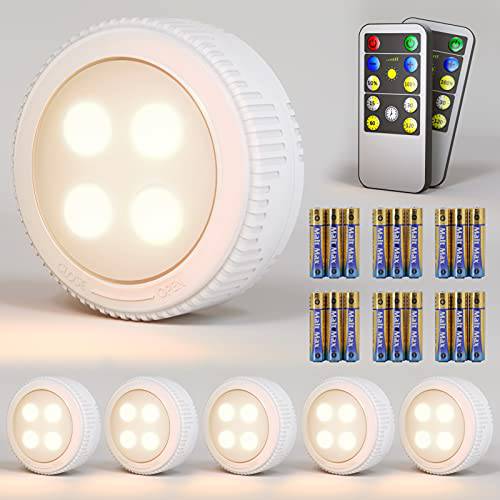 무선 LED 라운드,둥근 라이트  리모컨 밝기조절가능 찬장부착형, 부착형 라이트닝 배터리 전원 언더 카운터 라이트 주방 and 옷장 - 6 팩