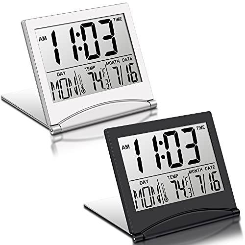 2 피스 디지털 여행용 알람 시계 배터리 작동 폴더블 LCD 시계 달력 온도 스누즈버튼,알람다시울리기 모드 다기능,멀티 스몰 데스크 시계 휴대용 스몰 시계 라지 디스플레이 데스크 시계 침실