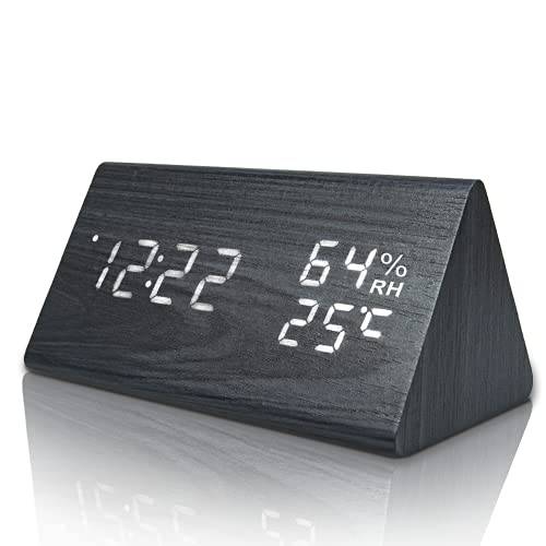 Everwood 나무 디지털 알람 시계 전자제품 LED 타임 디스플레이,  습도&  온도 감지 침실, Bedside (블랙 삼각대)