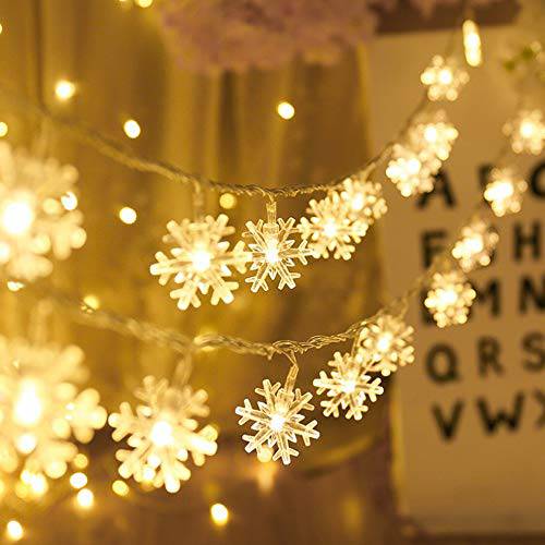 크리스마스 라이트, 눈송이 스트링 라이트 19.6 ft 40 LED 페어리 라이트 배터리 작동 방수 크리스마스 가든 파티오,발코니 침실 파티 장식 실내 아웃도어 축하 라이트닝 (따뜻한 컬러)