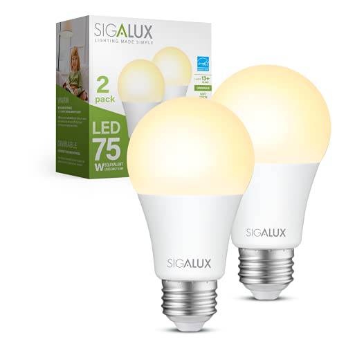 Sigalux A19 LED 라이트 전구 에너지 스타 인증된, 75 와트 호환 밝기조절가능 LED 전구, 11.5W 1100LM 소프트 화이트 2700K, E26 스탠다드 라이트 전구, UL Listed, 2 팩
