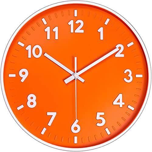 모던 벽면 시계, 12 인치 3D 넘버 Non 재깍 무소음 쿼츠 배터리 작동 벽면 시계, 라운드 브라이트 Colorful 다이얼 잘보임, 큰글씨 심플 스타일 장식 시계 홈, 침실, 주방, Office(Orange)
