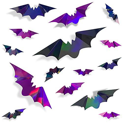 72Pcs Bats 할로윈 장식 무지개빛 3D Bats 벽면 장식 블랙 퍼플 홀로그램 용지,종이 장식용 Bat 벽면 아트 데칼,도안 스티커 Spooky Bats 할로윈 홈 방 장식 파티 장식 도구