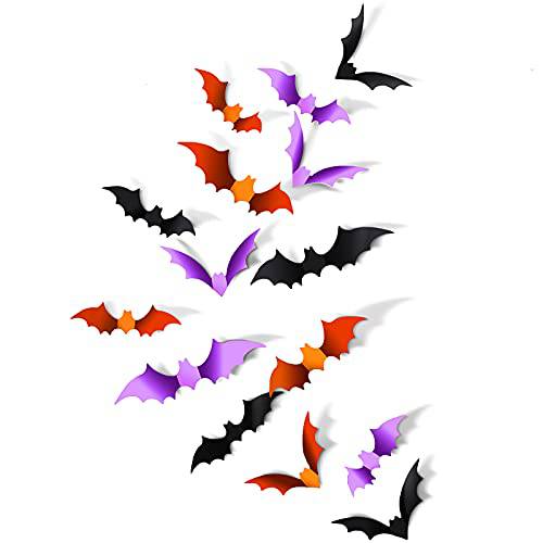 3D Bats 스티커 할로윈 Bat 벽면 스티커 리유저블,재사용 PVC Bat 벽면 장식 3 컬러 4 사이즈 Scary Bat 쉐입 데칼,도안 실내 아웃도어 탈부착가능 Bat 스티커 할로윈 파티 데코,장식 (72 피스)