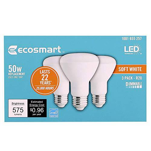 (3-pack) EcoSmart BR20 소프트 화이트 LED, 밝기조절가능, 575-Lumen, 2700K, 8-Watt (50-Watt 호환) 라이트 전구, E26 미디엄 베이스