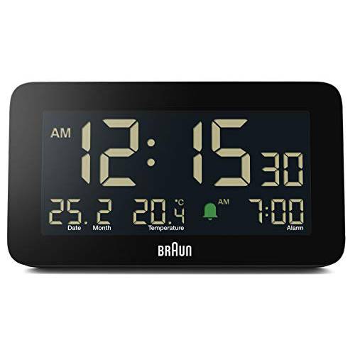 브라운 디지털 알람 시계 날짜, 개월 and 온도 Displayed, 네거티브 LCD 디스플레이, 퀵 세트, Crescendo 삑하는소리 알람 in 블랙, 모델 BC10B.