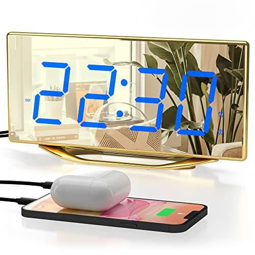 디지털 알람 시계 듀얼 USB 충전기, 8.4 라지 LED 미러 전자제품 시계 침실, 듀얼 알람, 7 조절 밝기& 볼륨, 스누즈버튼,알람다시울리기, 12/ 24H, Bedside 고음량 알람 시계  숙면 홈