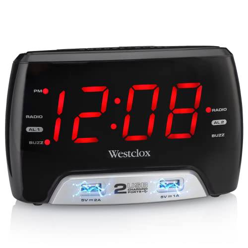 Westclox 베이직 라지 1.4” 레드 LED 디지털 FM 시계 라디오 2 USB 충전 포트  고속충전 침실, 홈 or 오피스  모델 80227WM